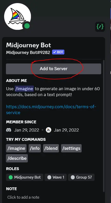 Method 1 for adding Midjourney bot to Discord server