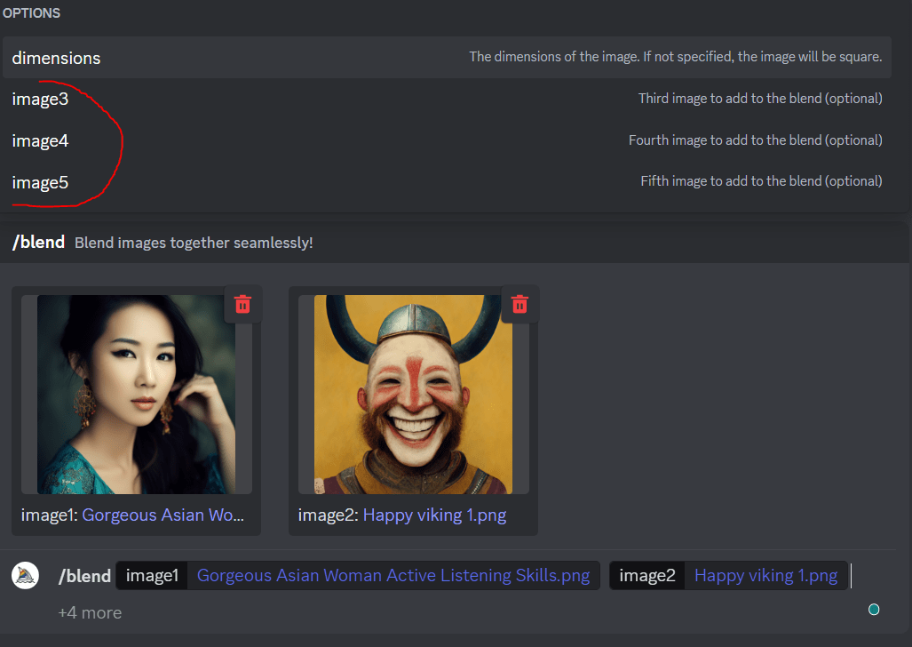 Screenshot showing how to add more images for /blend function in Midjourney