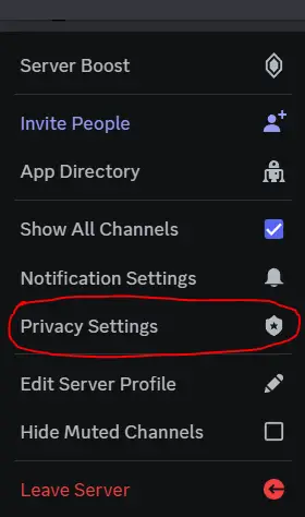 Showing how to get to server privacy settings on Discord for Midjourney