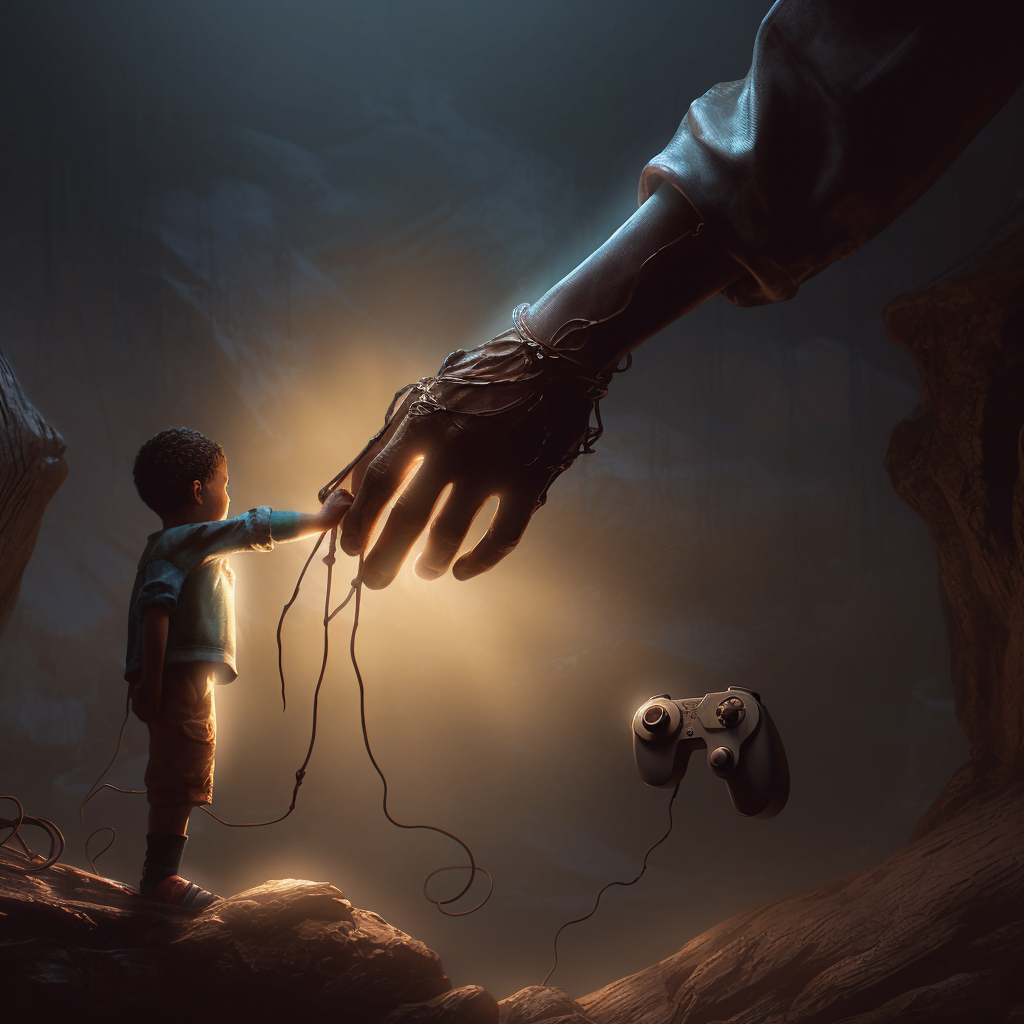 A giant hand helping a kid with a video game showing Reinforcement Learning From Human Feedback (RLHF)