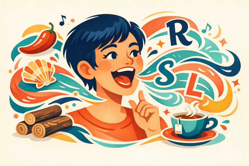 Illustration of a person practicing tongue twisters with colorful speech sounds, a seashell, red pepper, logs, and a teacup.