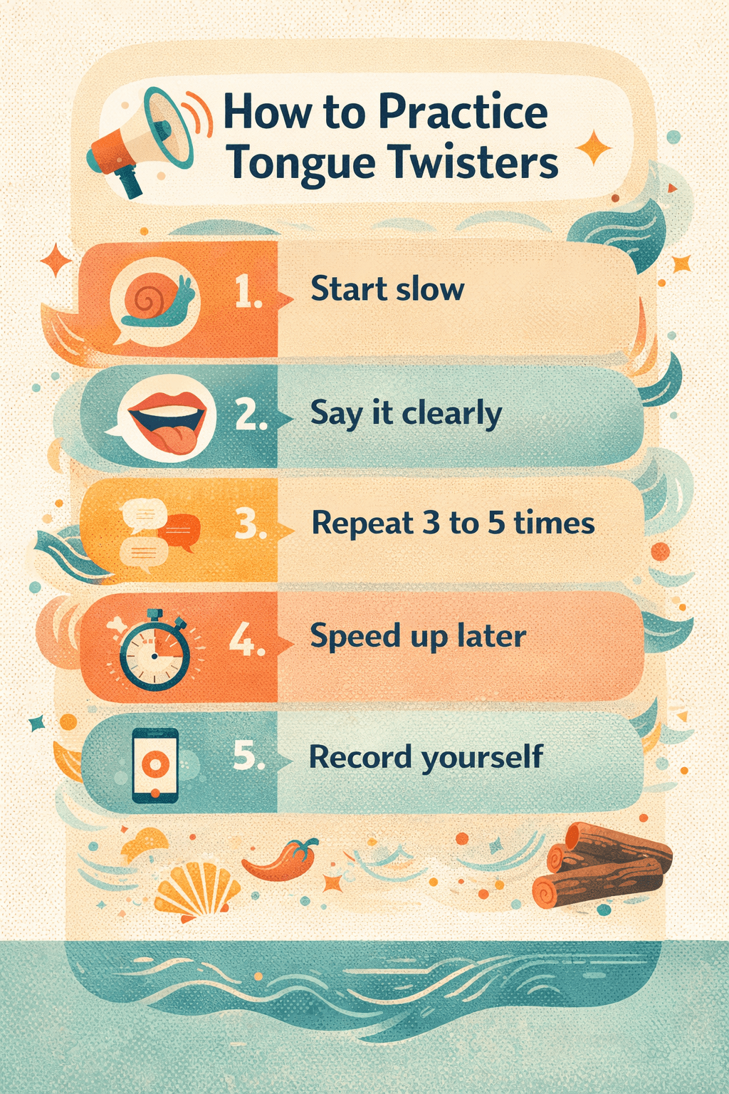 Infographic titled How to Practice Tongue Twisters with five steps: start slow, say it clearly, repeat 3 to 5 times, speed up later, and record yourself.