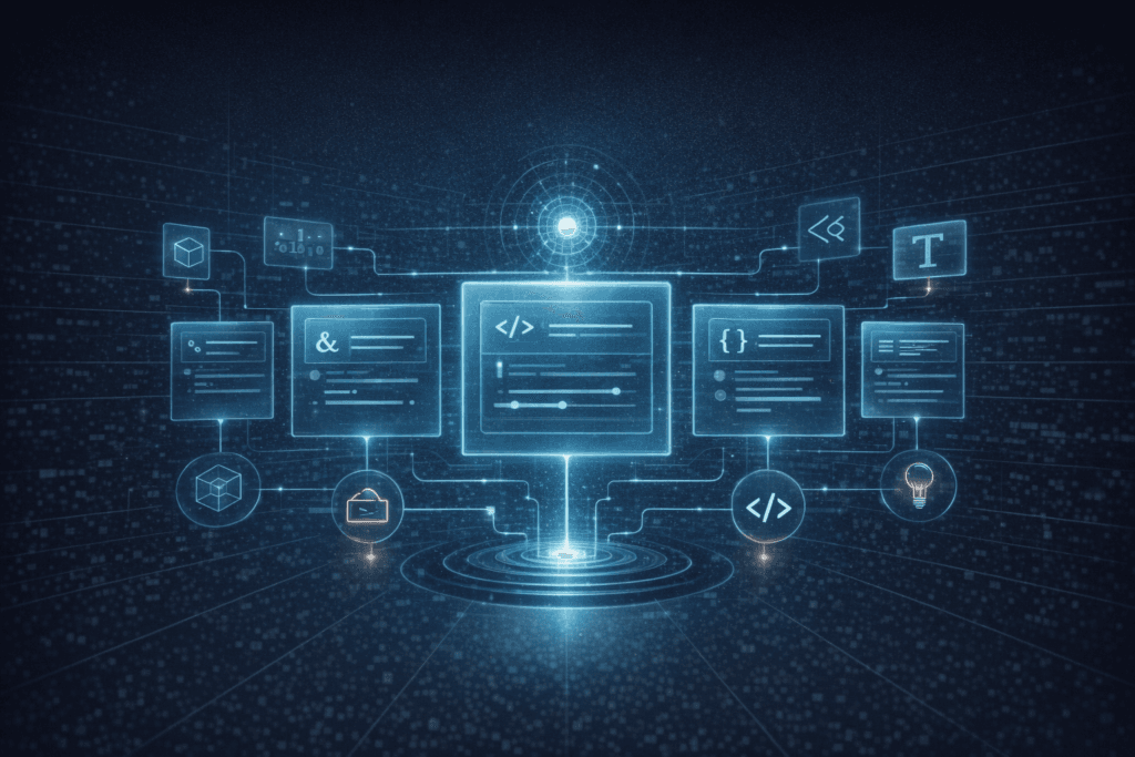 Sci-fi editorial illustration of glowing AI glossary cards, icons, and concept labels floating in a futuristic knowledge interface.