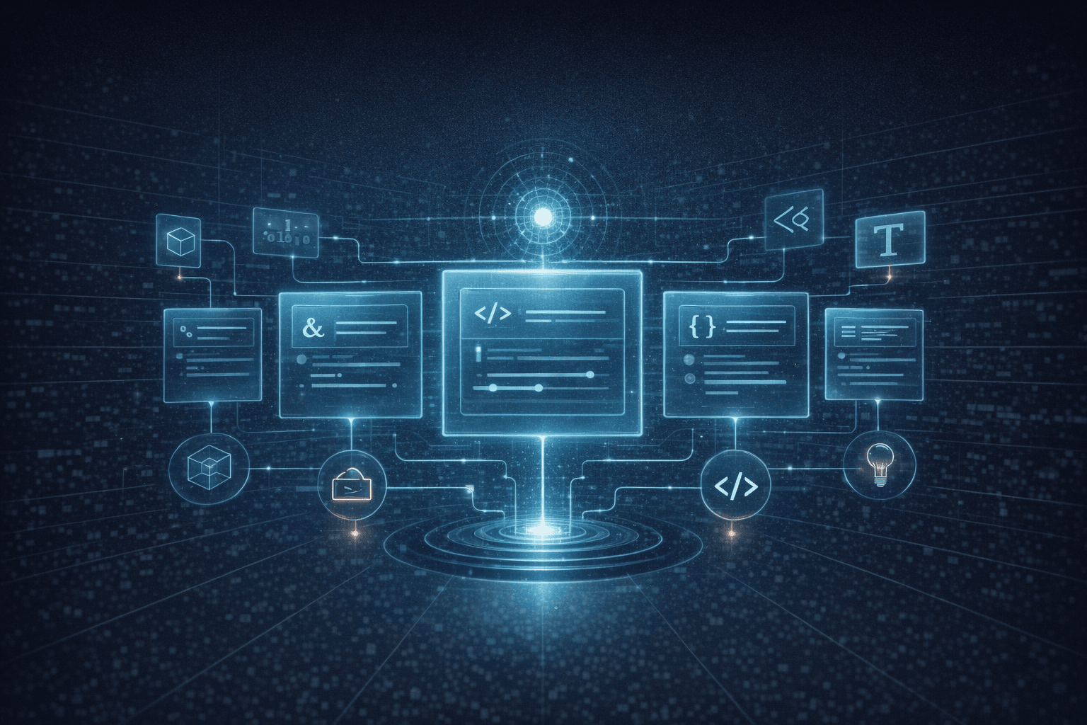 Sci-fi editorial illustration of glowing AI glossary cards, icons, and concept labels floating in a futuristic knowledge interface.