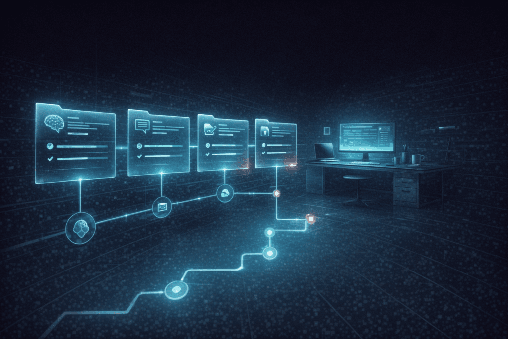 Sci-fi editorial illustration of glowing course cards and a creator workstation with learning paths and progress bars.
