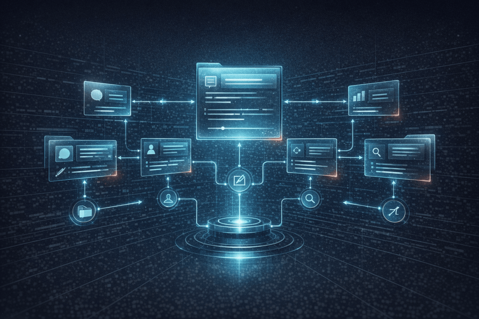 Sci-fi editorial illustration of a futuristic creator dashboard with connected app tiles, GPT cards, documents, and workflow paths.