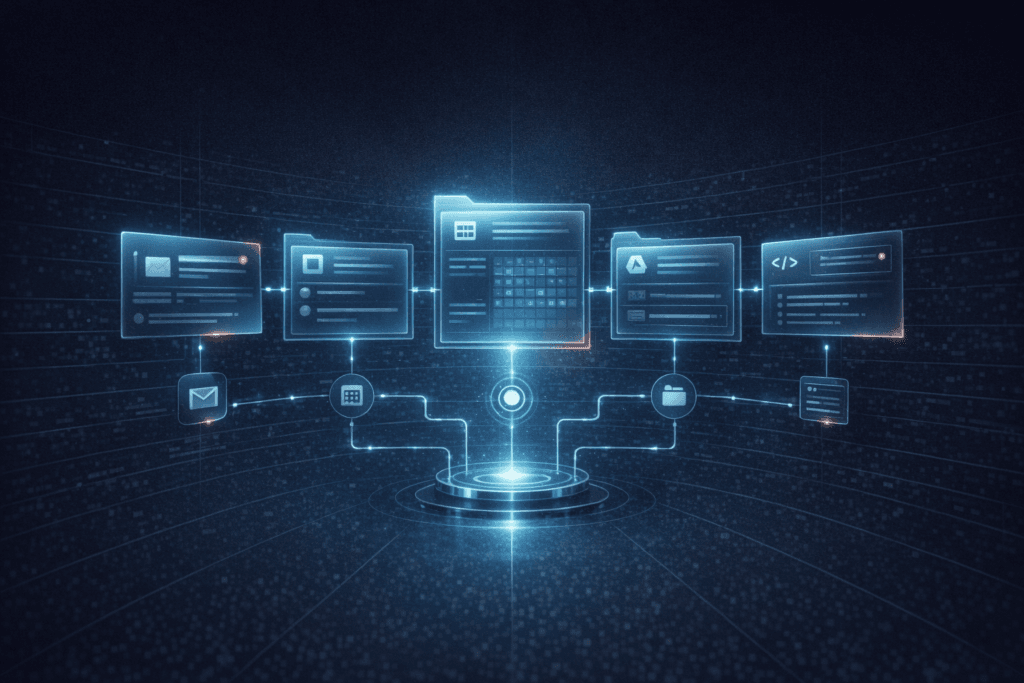 Sci-fi editorial illustration of a calm futuristic workspace with Claude-style integration panels for Gmail, Calendar, Drive, and GitHub.