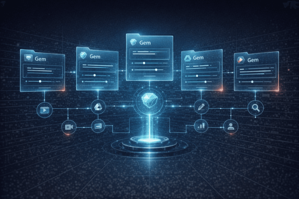 Sci-fi editorial illustration of a futuristic Gemini workspace with custom Gem cards, connected Google apps, and creator workflow icons.