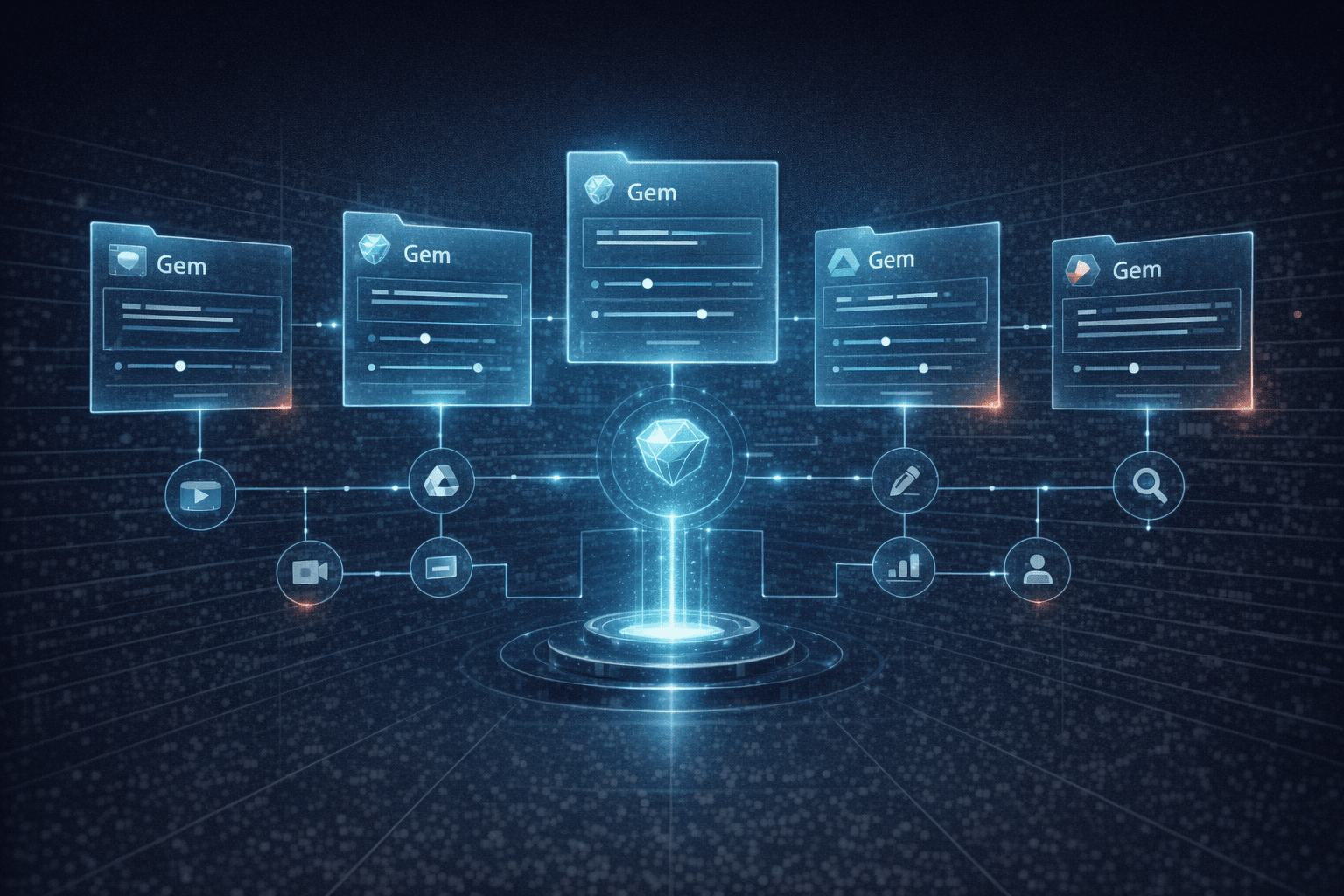 Sci-fi editorial illustration of a futuristic Gemini workspace with custom Gem cards, connected Google apps, and creator workflow icons.