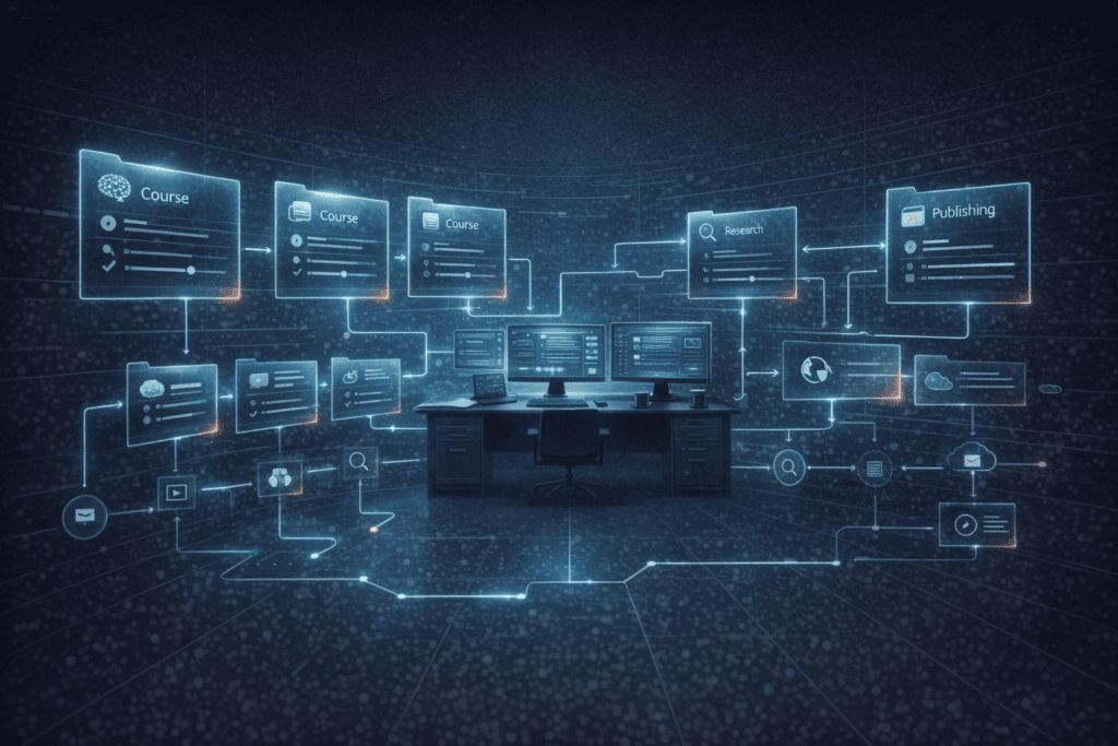 Sci-fi editorial illustration of a futuristic creator workstation with course cards, workflow diagrams, and publishing panels.