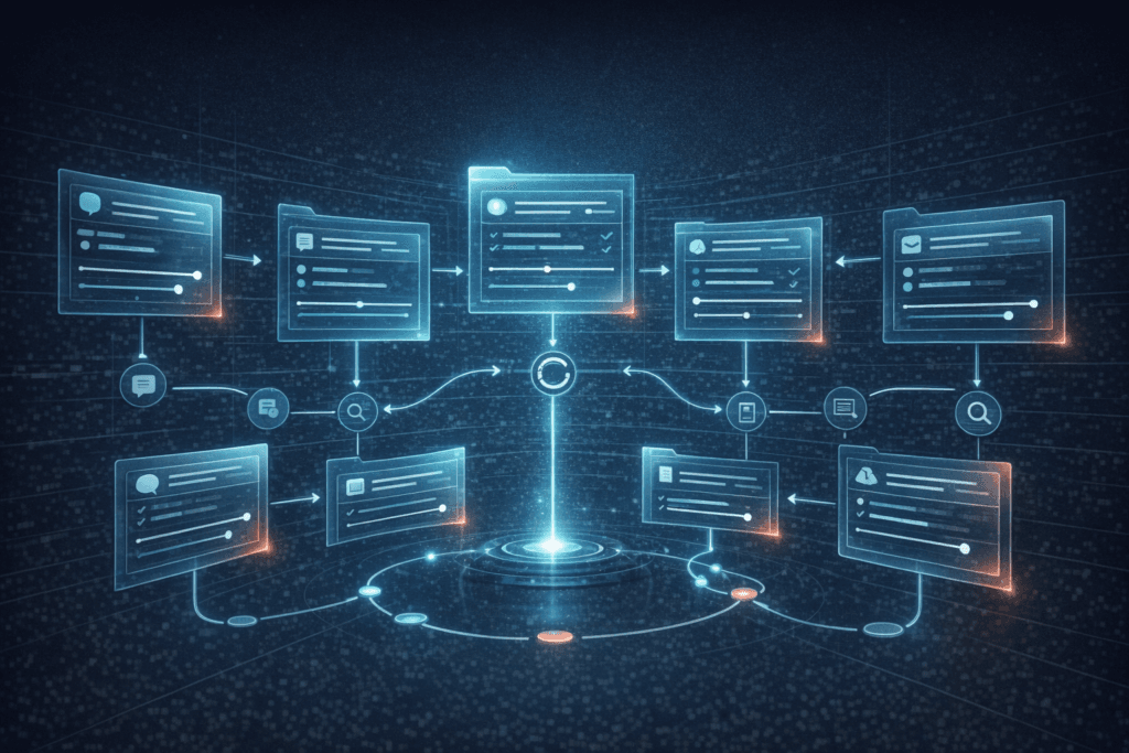 Sci-fi editorial illustration of futuristic prompt cards, course tiles, and an AI learning path glowing across a dark workspace.