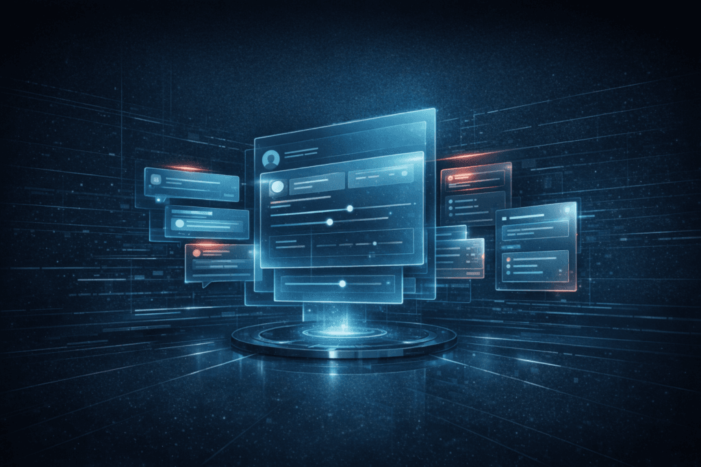 Sci-fi editorial illustration of a glowing settings panel with profile preferences, tone controls, and message instruction cards.