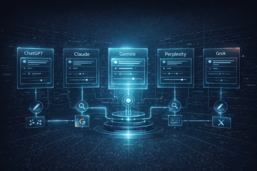 Sci-fi editorial illustration of five futuristic AI panels in a comparison dashboard with glowing strengths and workflow paths.