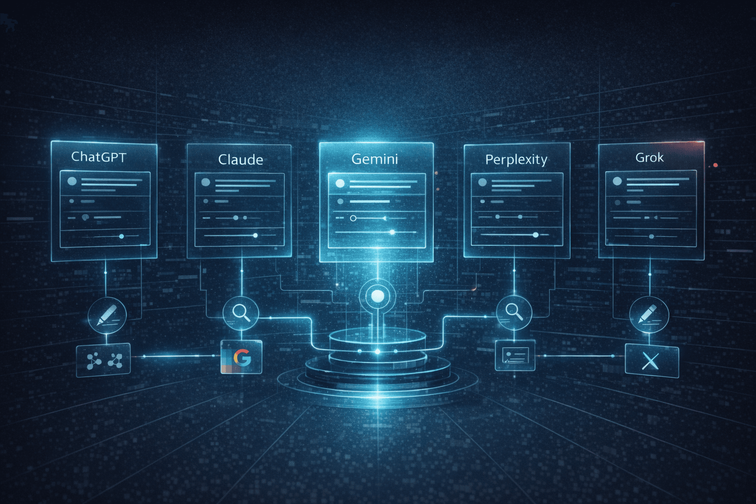 Sci-fi editorial illustration of five futuristic AI panels in a comparison dashboard with glowing strengths and workflow paths.