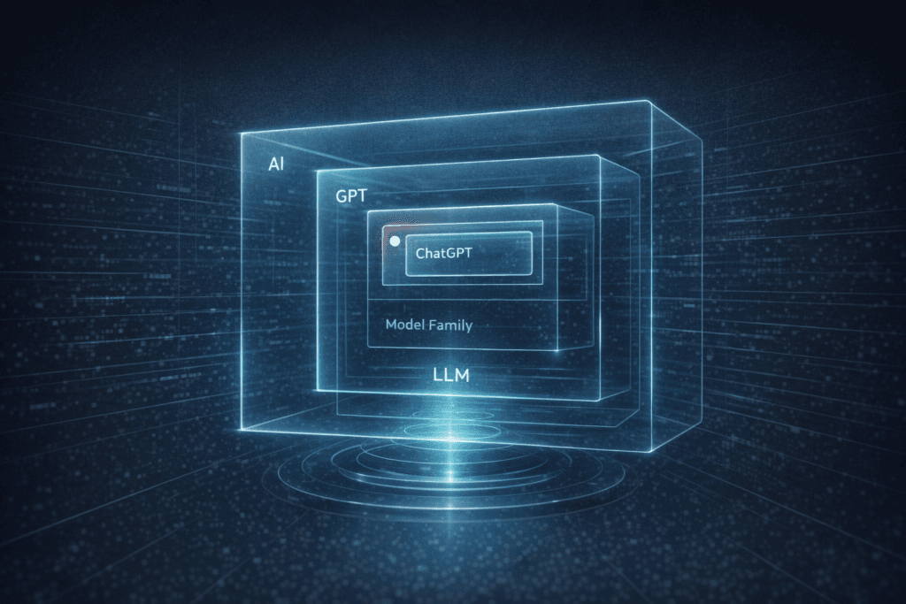 Sci-fi editorial illustration of nested glowing boxes labeled by concept, showing a tool inside a model family inside a larger AI category.