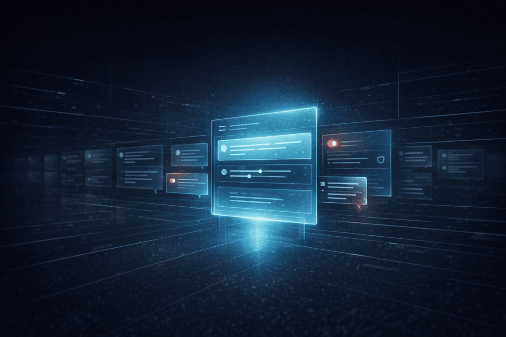 Sci-fi editorial illustration of a glowing conversation timeline with a bright visible zone fading into dim archived messages.