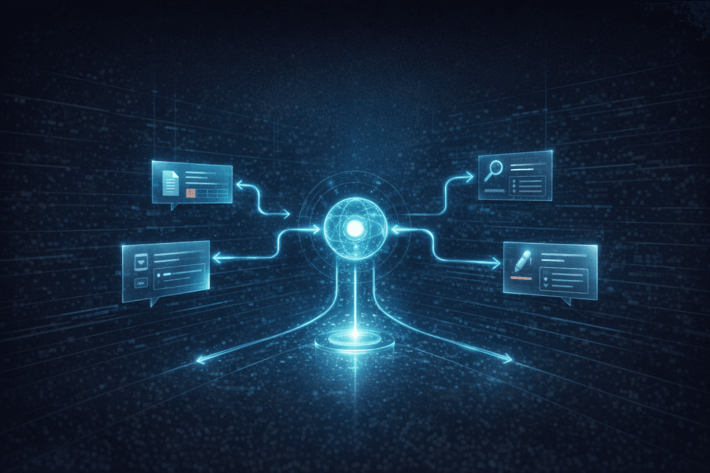 Sci-fi editorial illustration of a glowing AI assistant routing tasks between calendars, documents, search, and writing panels.