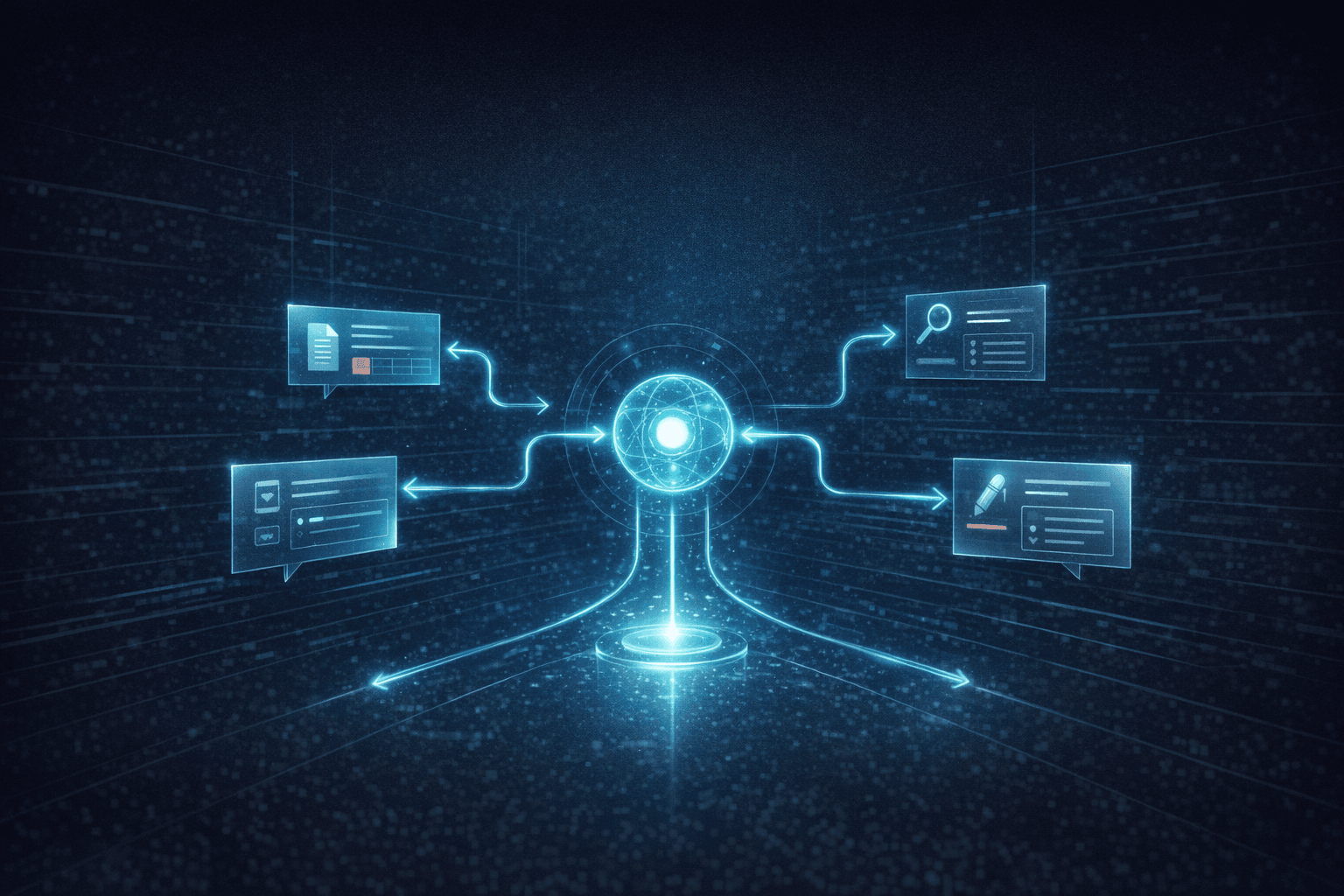 Sci-fi editorial illustration of a glowing AI assistant routing tasks between calendars, documents, search, and writing panels.
