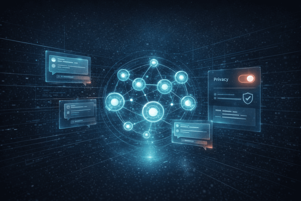 Sci-fi editorial illustration of glowing memory nodes, saved chat fragments, and a privacy toggle in a futuristic interface.