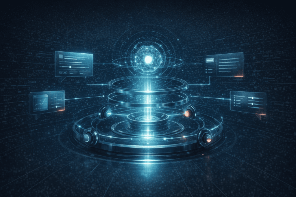 Sci-fi editorial illustration of a glowing AI model core being adjusted with precision dials, calibration rings, and layered controls.