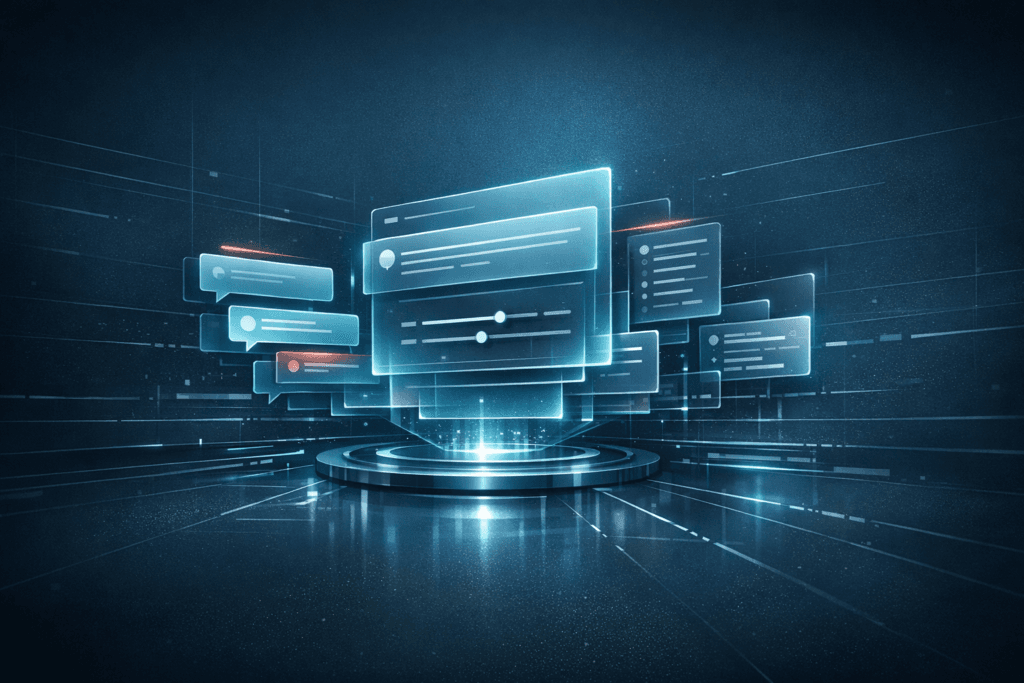 Sci-fi editorial illustration of a glowing chat prompt panel with layered instructions, sliders, and holographic text blocks.