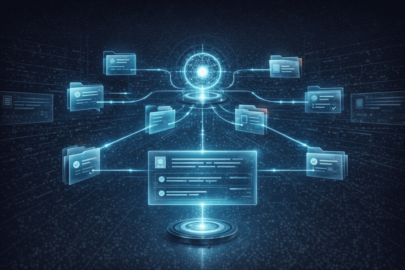 Sci-fi editorial illustration of an AI core pulling verified facts from glowing folders and document vaults into a response panel.