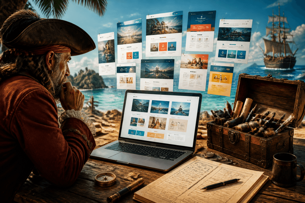 Landing page template library on laptop