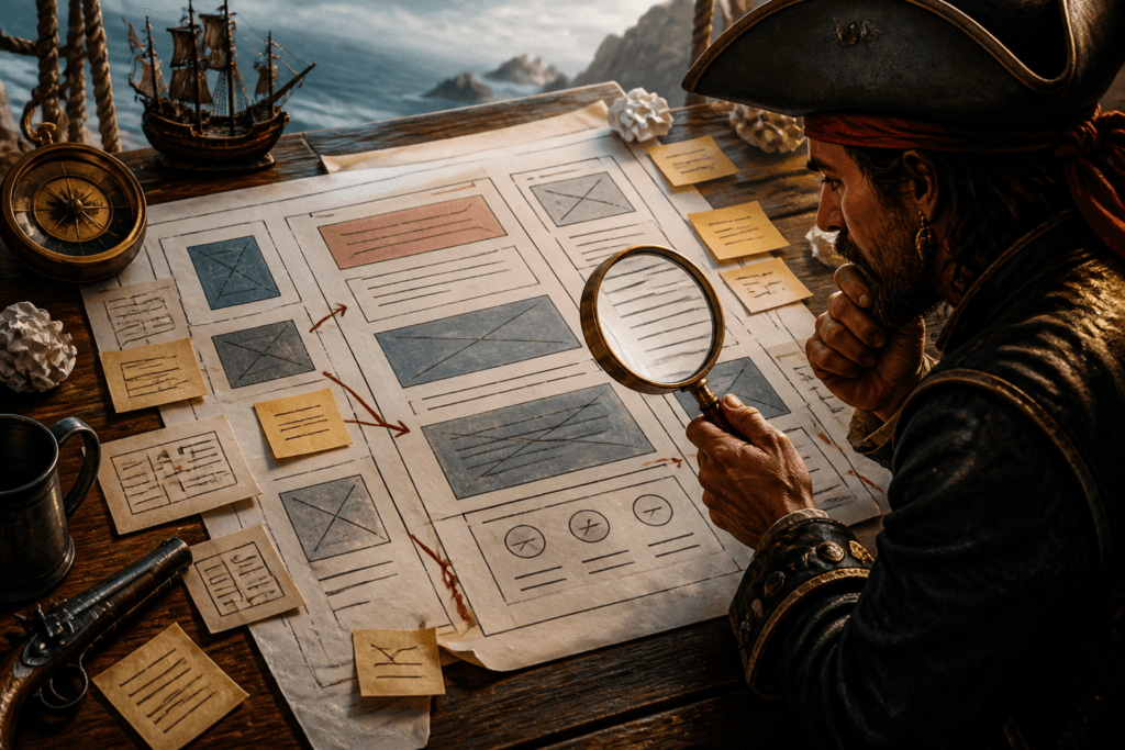 Homepage section order notes on wireframe