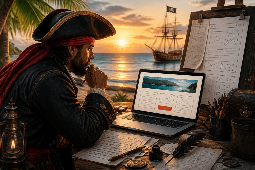 Sales page draft on laptop
