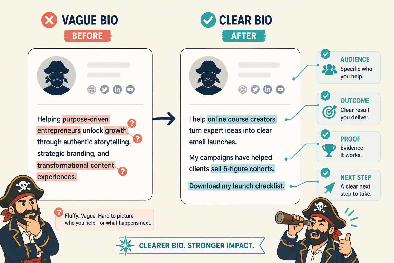 Side-by-side creator bio comparison showing vague copy versus clear, specific copy.