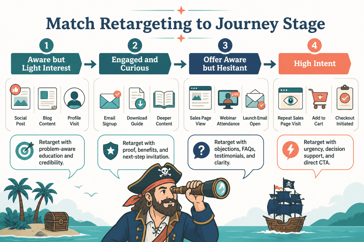 Four audience journey stages from content discovery to purchase, each paired with a retargeting message type.