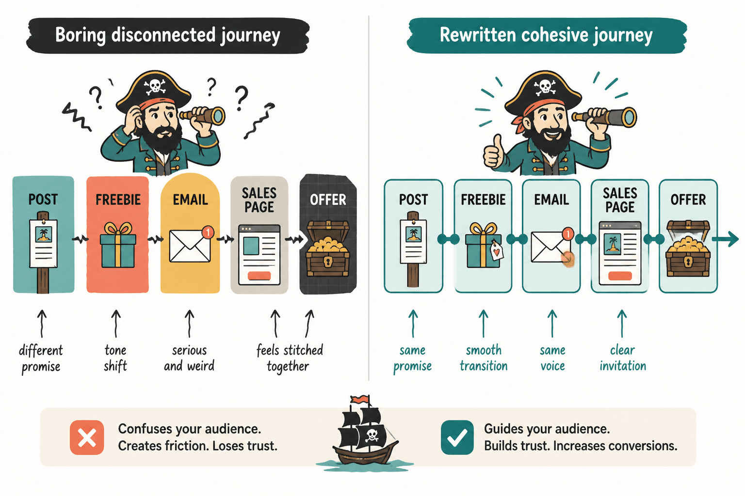 Side-by-side flow of disconnected funnel steps versus one cohesive audience-to-offer journey