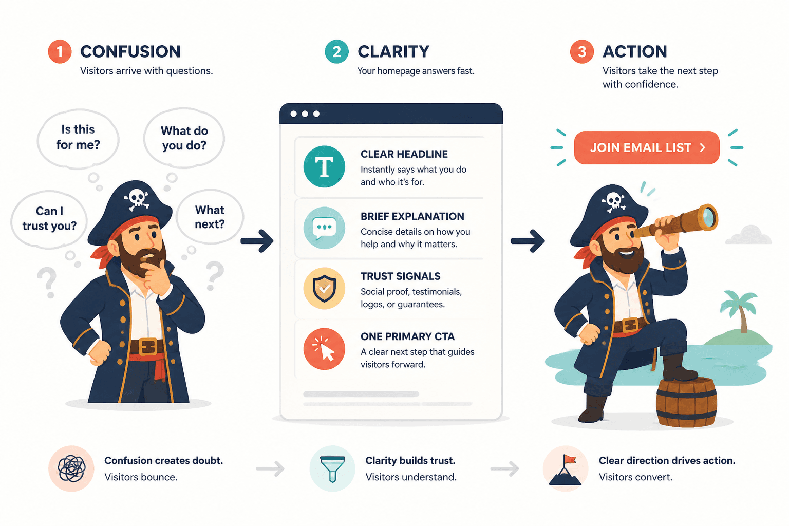 Homepage flow from confusion to one clear next step