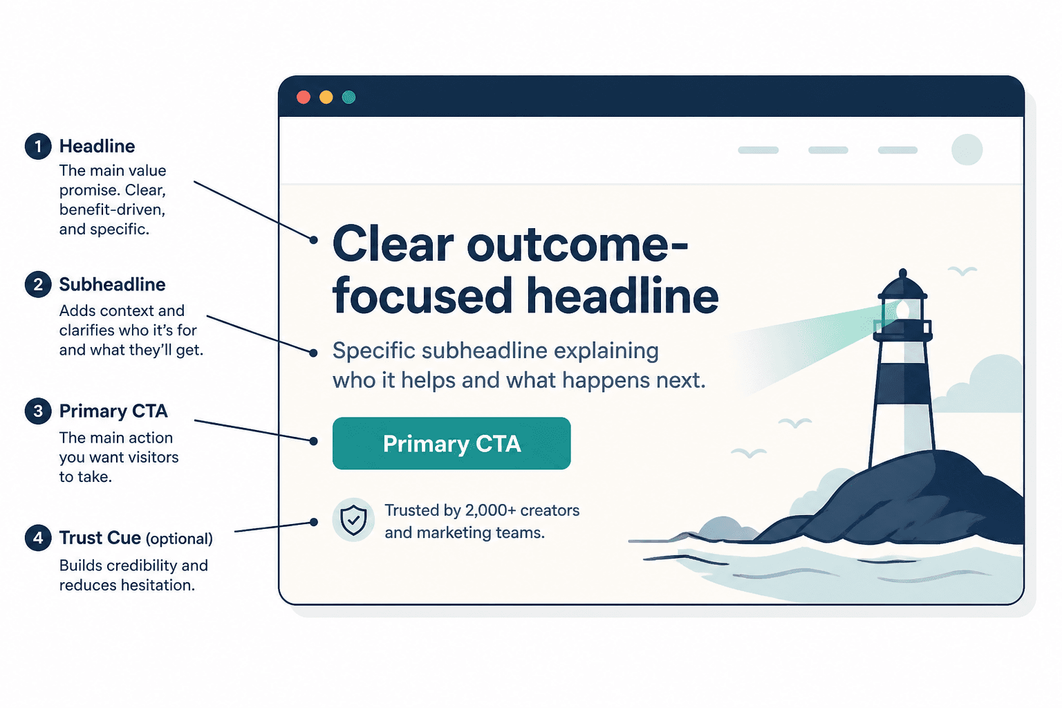 Annotated homepage hero showing headline, subheadline, and call-to-action button.