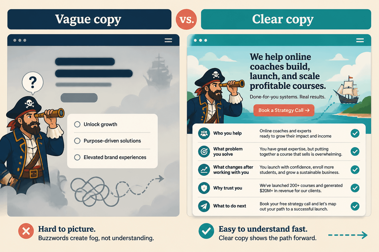 Diagram contrasting vague homepage copy with clear, specific copy
