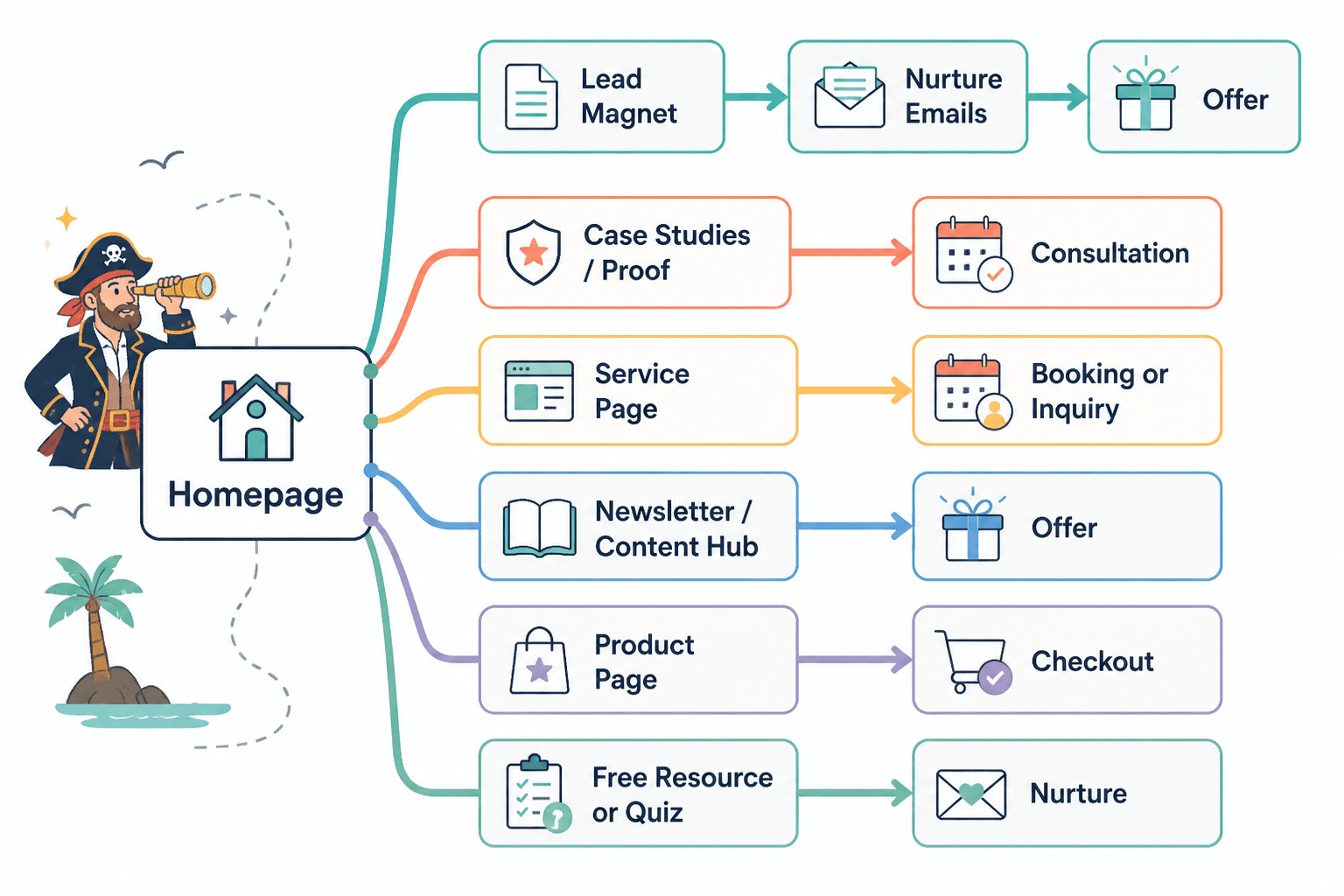 Simple diagram showing homepage funnel paths to different next steps.