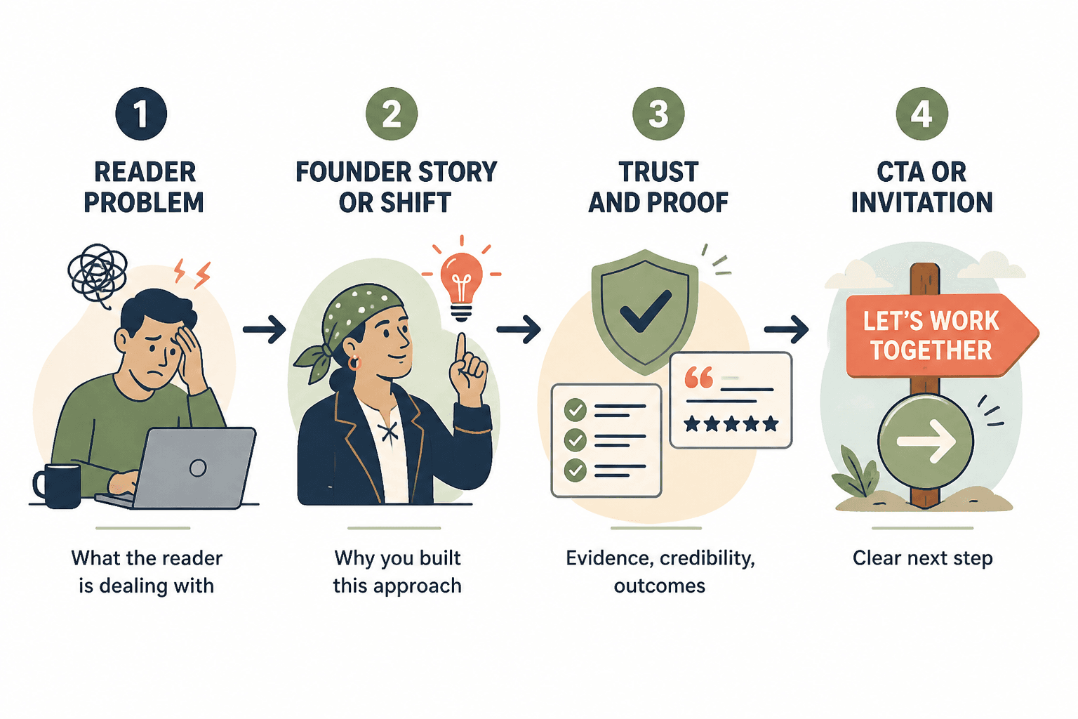 Simple About page story arc from reader problem to founder shift, proof, and call to action.