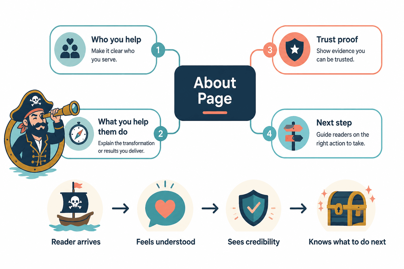 Diagram of an About page balancing identity, reader needs, proof, and next step.
