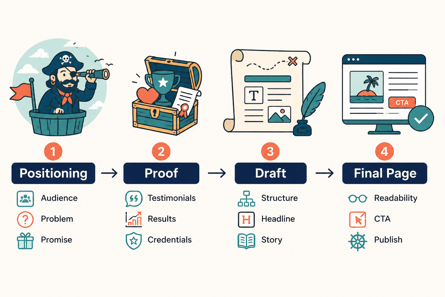 Four-step About page workflow from positioning to final page