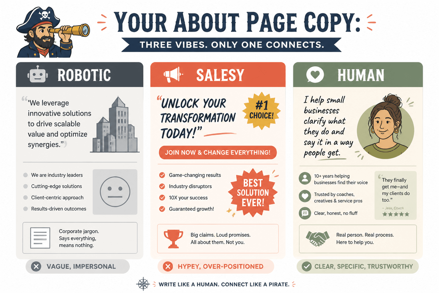 Comparison of robotic, salesy, and human About page tone
