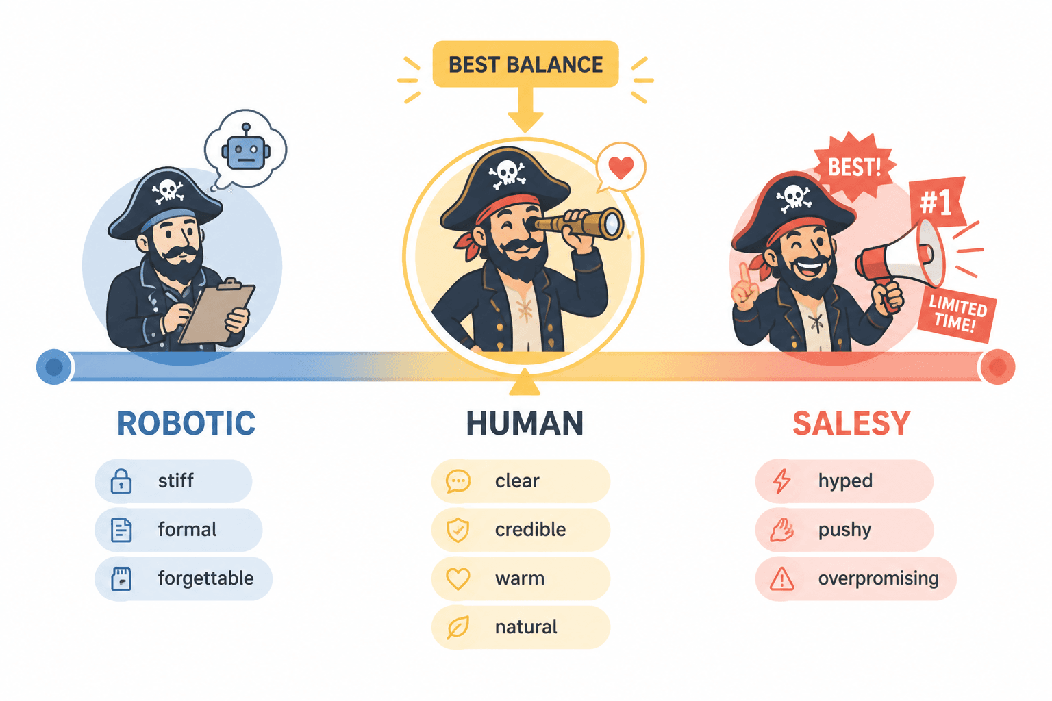 Spectrum showing robotic, human, and salesy bio copy, with human in the middle as the ideal balance.