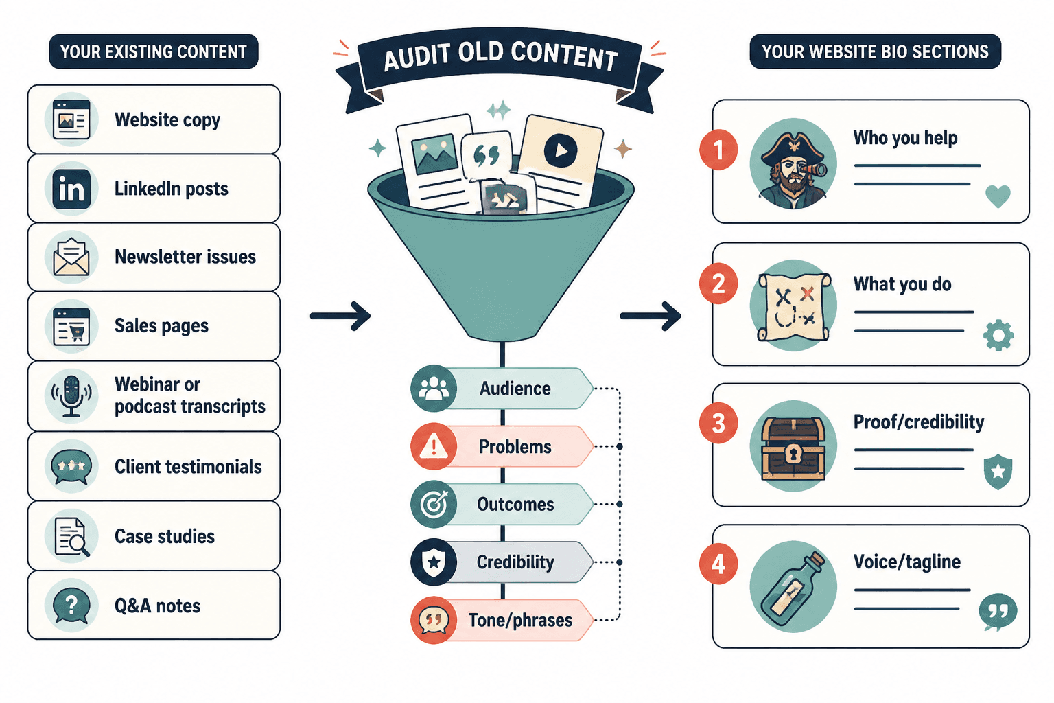 Flowchart showing old content sources distilled into core bio sections