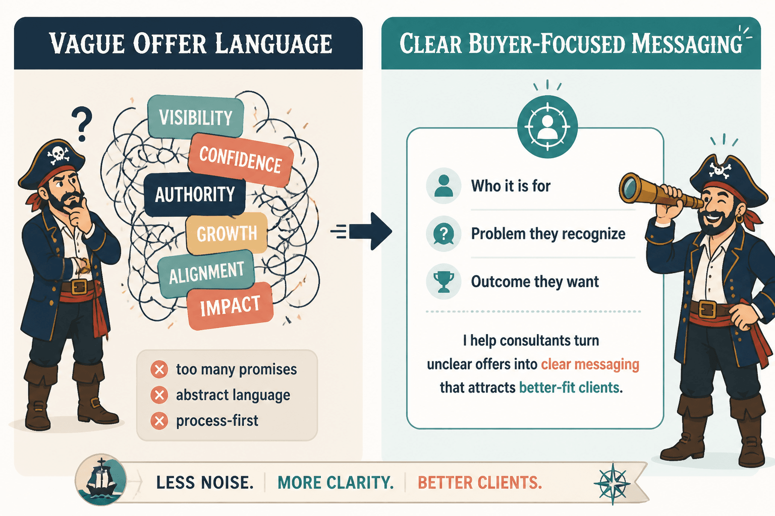 Diagram comparing vague offer language with clear buyer-focused messaging.