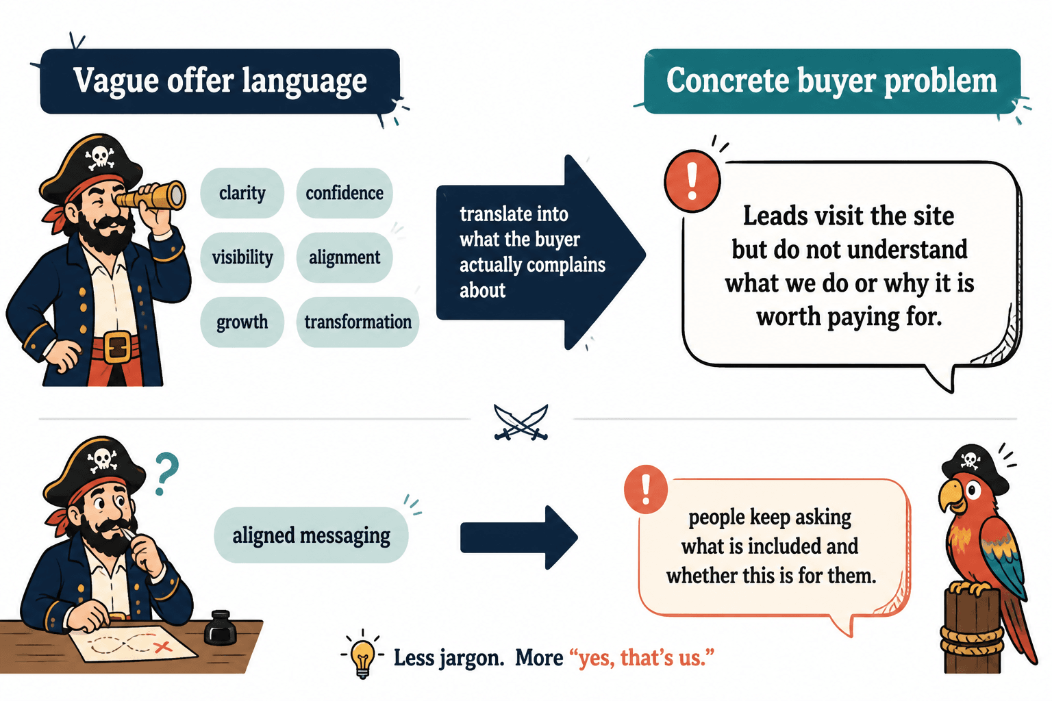 Flow from vague offer words to a concrete buyer problem statement