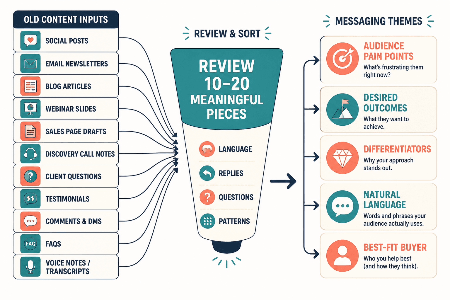 Flowchart showing old content sources grouped into messaging themes