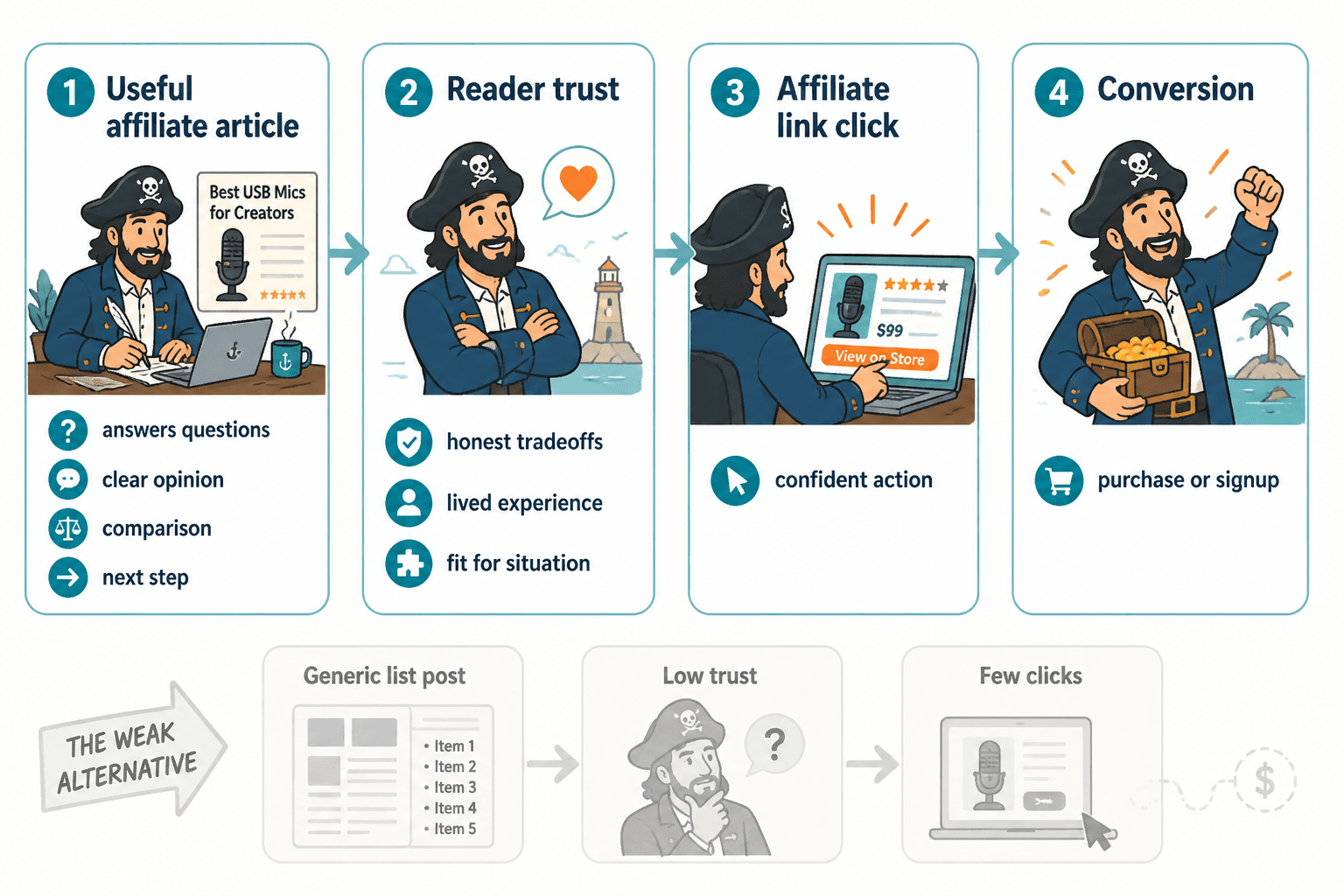 Flow from useful article to trust, click, and conversion