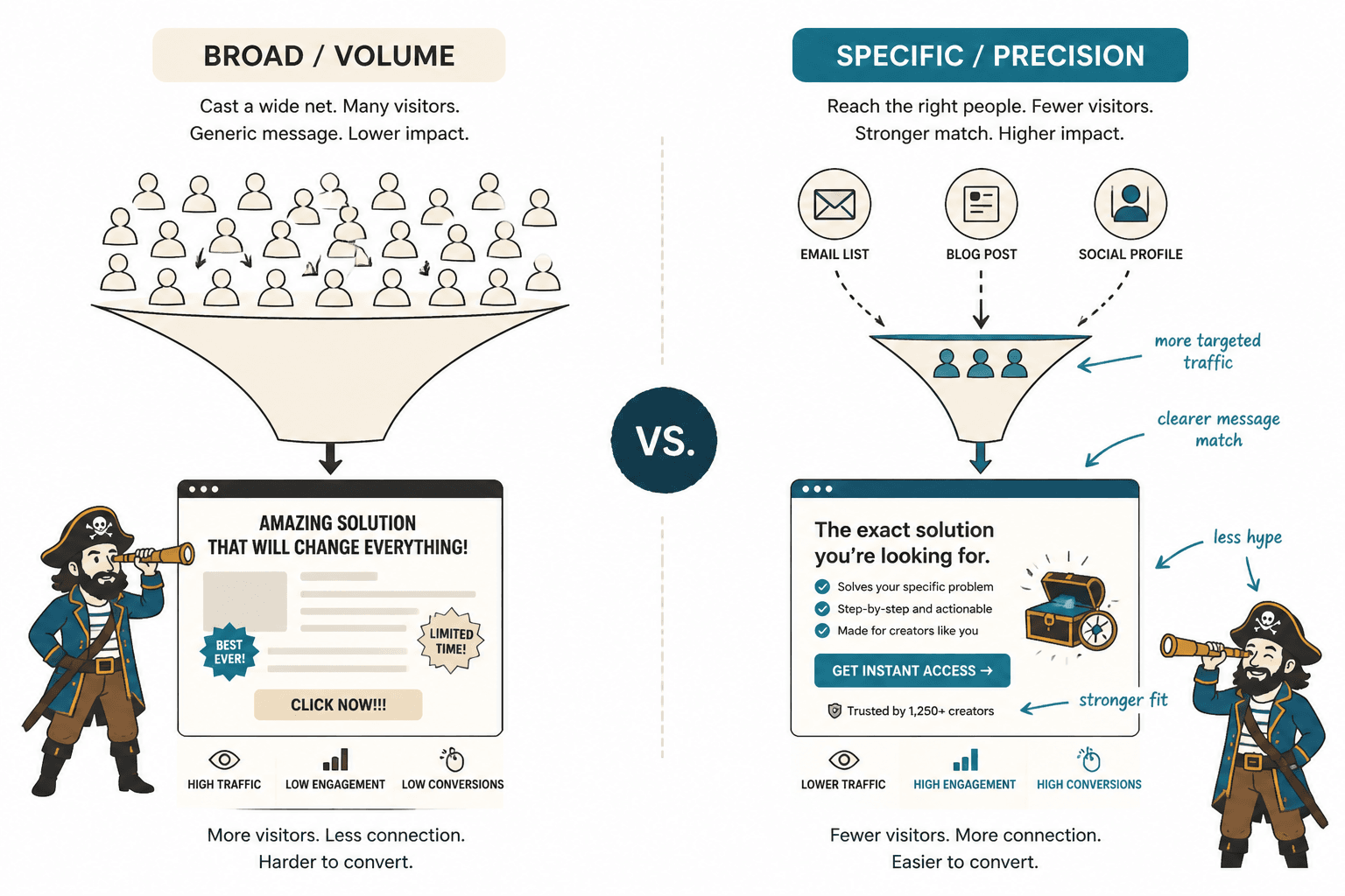 Side-by-side comparison of broad versus precise landing page strategy for small creators