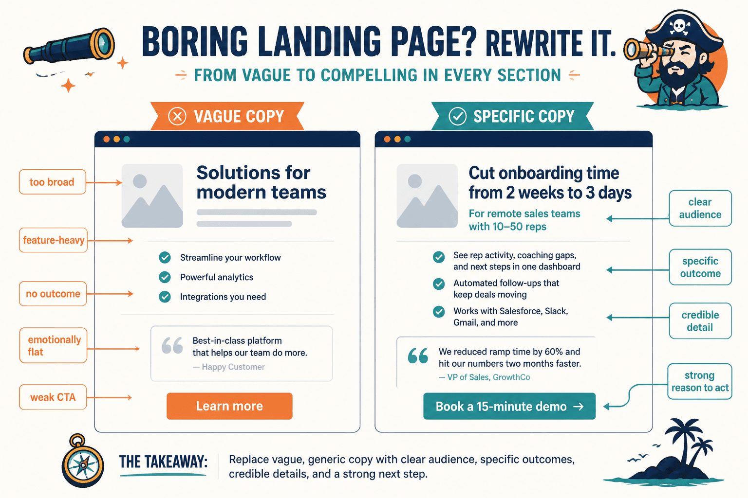 Annotated landing page comparing vague copy with specific copy