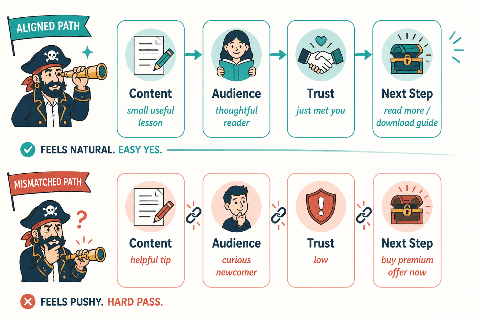 Flow showing how content, audience, trust level, and CTA next step should align.