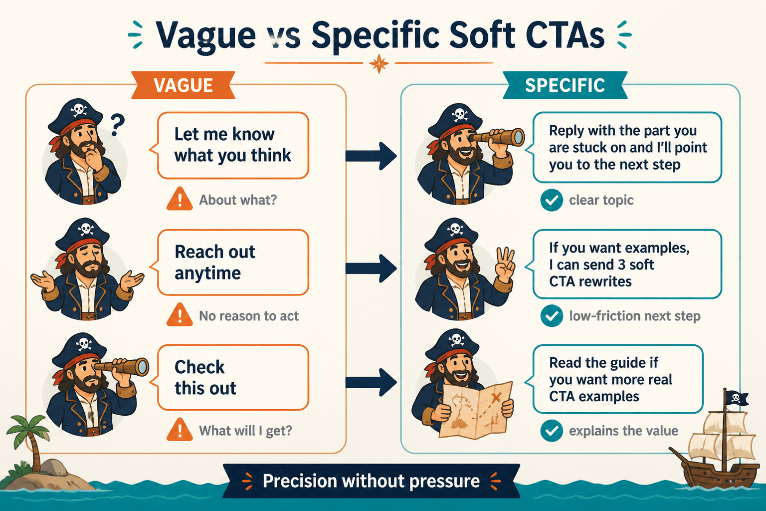 Diagram comparing vague soft CTAs with clearer, specific alternatives